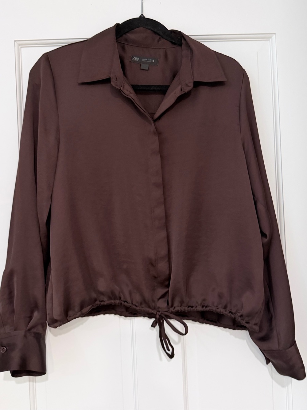 Zara Chocolate Brown Satin front tie Button-Down Shirt